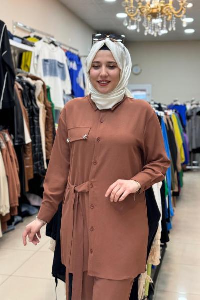 Puane Yandan Bağlamalı Takım Kahve Kahverengi