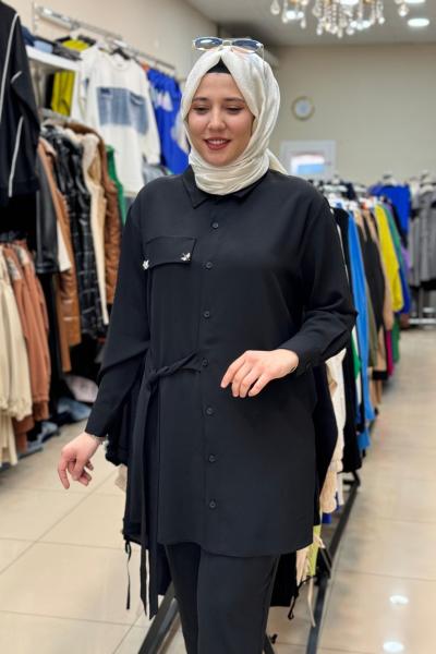 Puane Yandan Bağlamalı Takim Siyah Siyah