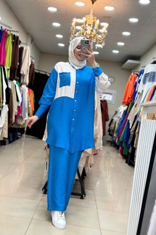 Pureva Sira Taş Süslemeli̇  Takim Mavi̇  Mavi