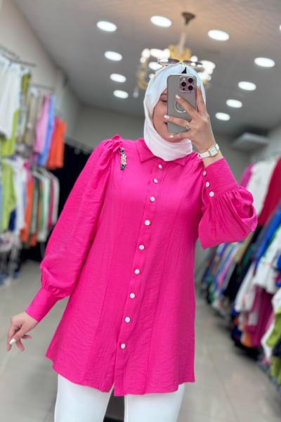 Renkli Şerit Taşlı Tunik Fuşya