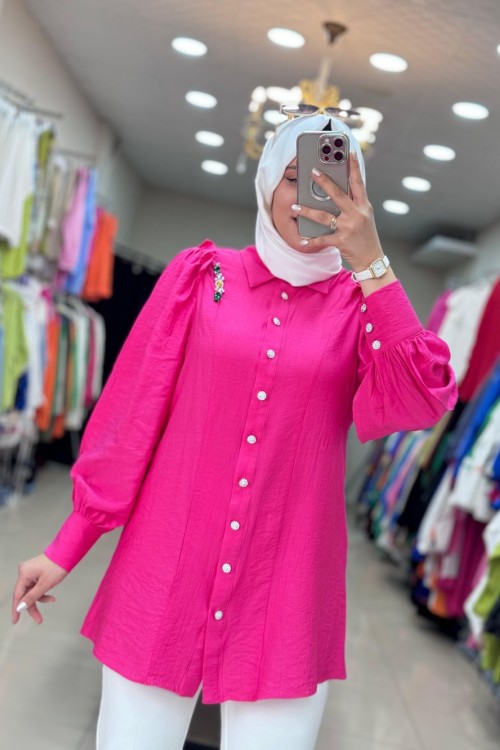 Renkli Şerit Taşlı Tunik Fuşya