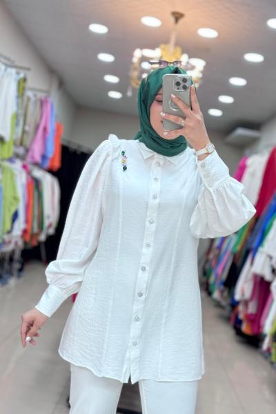 Renkli Şerit Taşlı Tunik Ekru