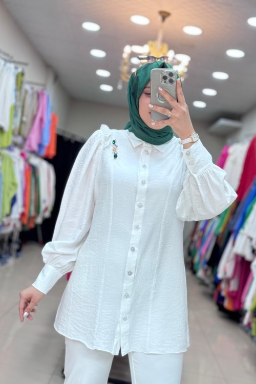 Renkli Şerit Taşlı Tunik Ekru