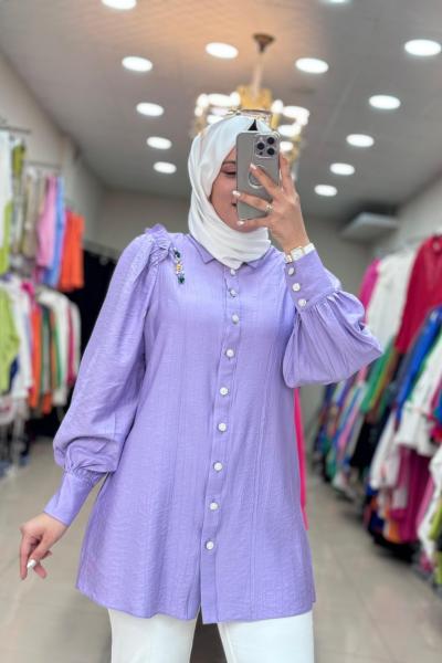 Renkli Şerit Taşlı Tunik Lila