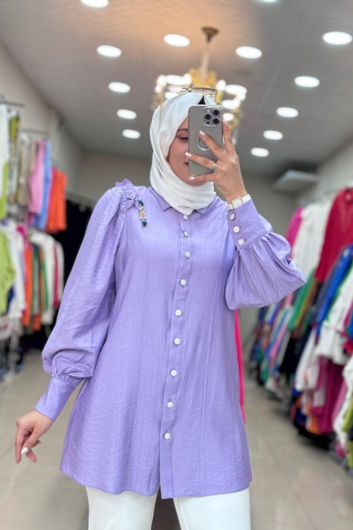 Renkli Şerit Taşlı Tunik Lila