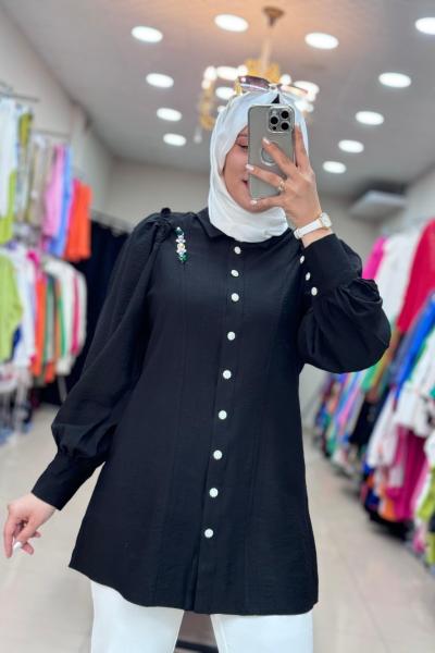 Renkli Şerit Taşlı Tunik Siyah