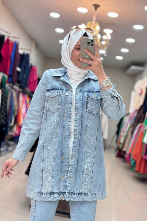 SIRALI TAŞLI KOT CEKET BUZ MAVİ