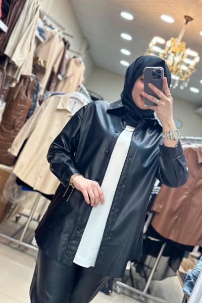 Siyah Deri Gömlek Puane  Siyah