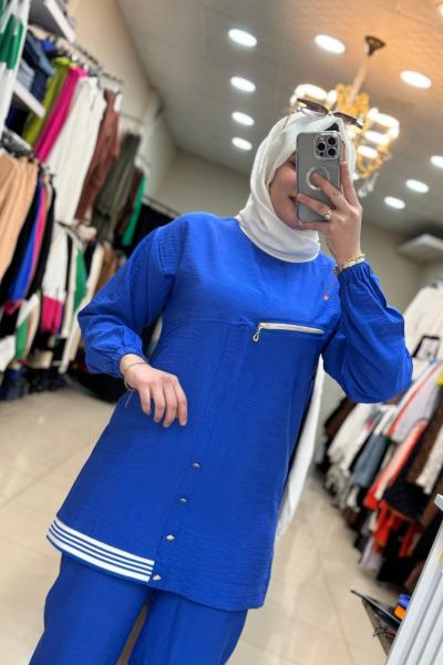 Takım Kol Şeritli Takim Saks Saks Mavisi