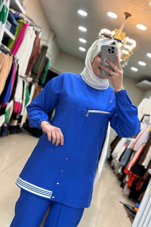 Takım Kol Şeritli Takim Saks Saks Mavisi