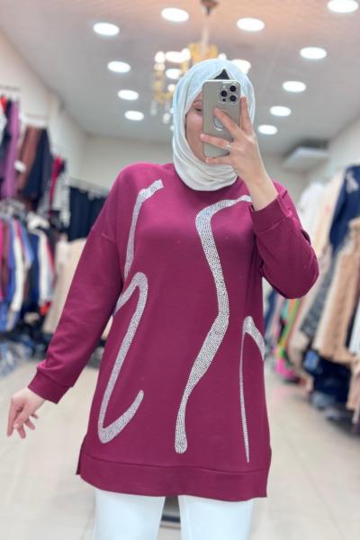 TAŞ BASKILI TUNİK  Bordo