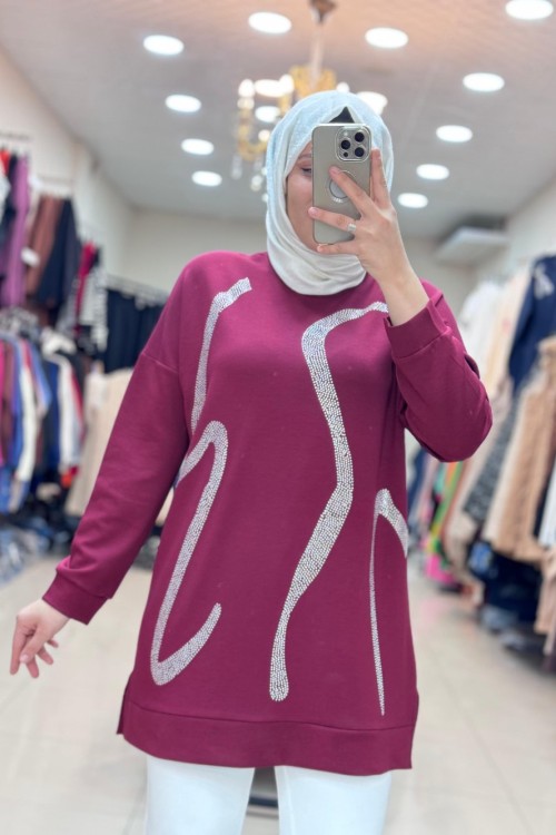 TAŞ BASKILI TUNİK  Bordo