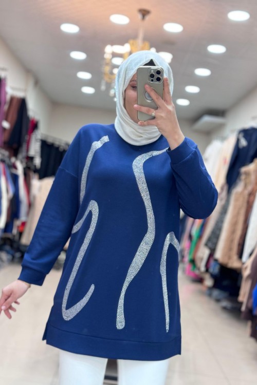 TAŞ BASKILI TUNİK  Lacivert