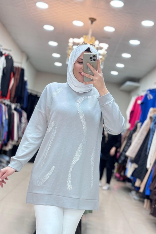 TAŞ BASKILI TUNİK  Gri