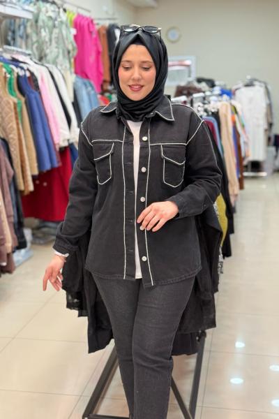 TAŞ ŞERİTLİ KOT CEKET Siyah