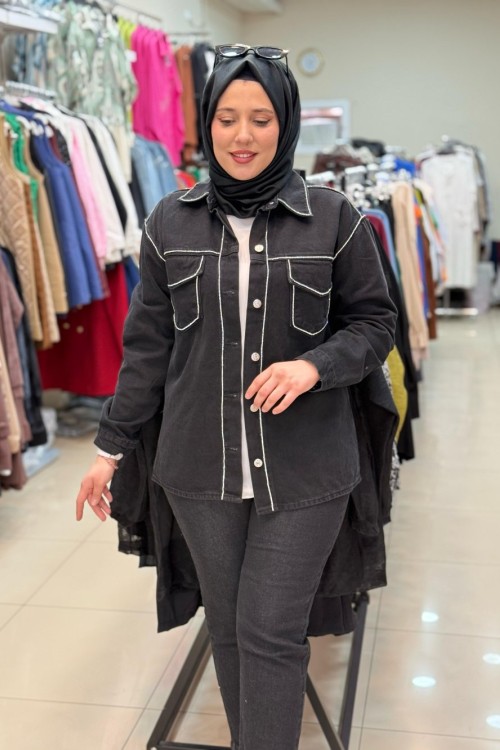 TAŞ ŞERİTLİ KOT CEKET Siyah