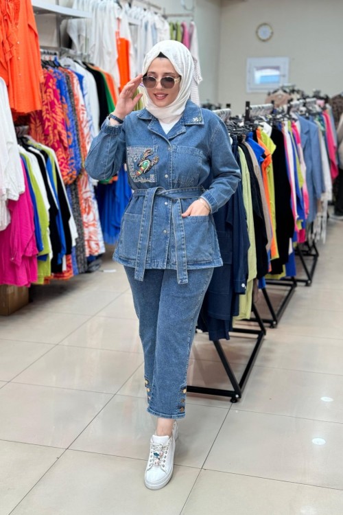 TAŞ VE YENGEÇ İŞLEMELİ KOT CEKET KOT MAVİ