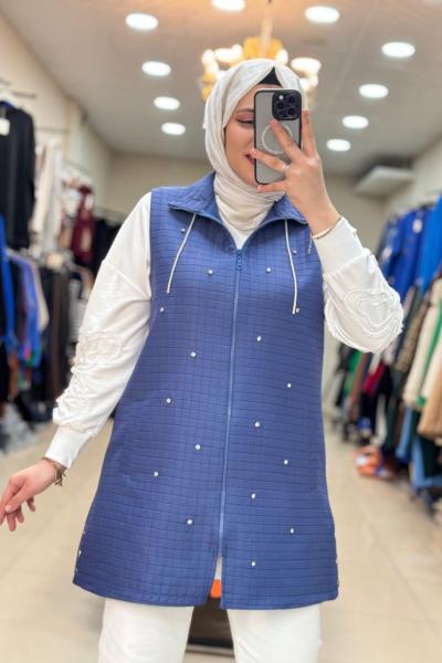TAŞLI KAPİTONE YELEK Mavi