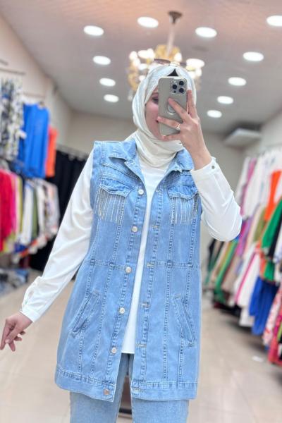 TAŞLI KOT YELEK BUZ MAVİ