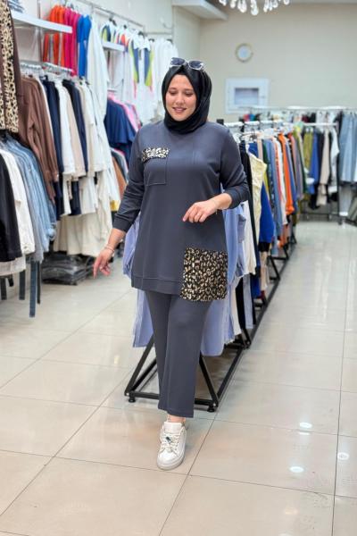 TEK CEBİ LEOPAR BASKILI TAKIM Antrasit