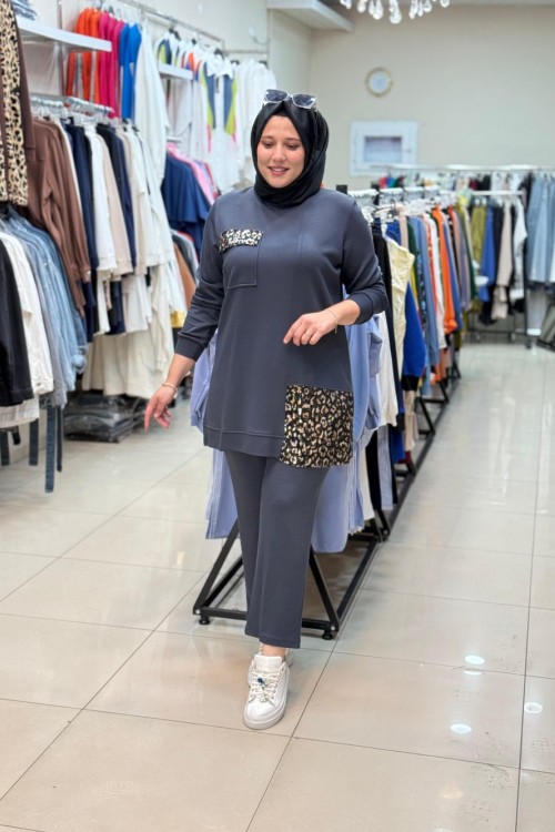 TEK CEBİ LEOPAR BASKILI TAKIM Antrasit