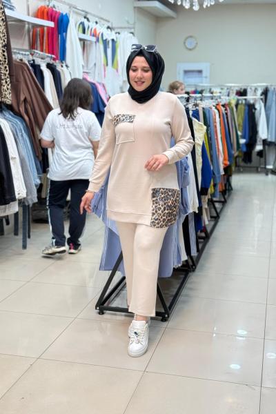 TEK CEBİ LEOPAR BASKILI TAKIM Bej