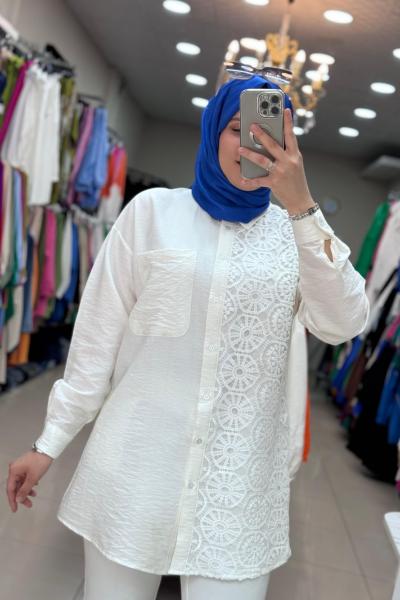 2994 TEK TARAFI DANTEL NAKIŞLI TUNİK  Beyaz