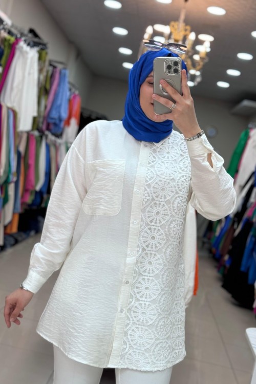 2994 TEK TARAFI DANTEL NAKIŞLI TUNİK  Beyaz