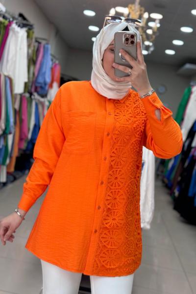 2994 TEK TARAFI DANTEL NAKIŞLI TUNİK  Turuncu