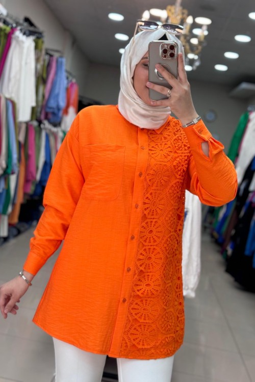 2994 TEK TARAFI DANTEL NAKIŞLI TUNİK  Turuncu