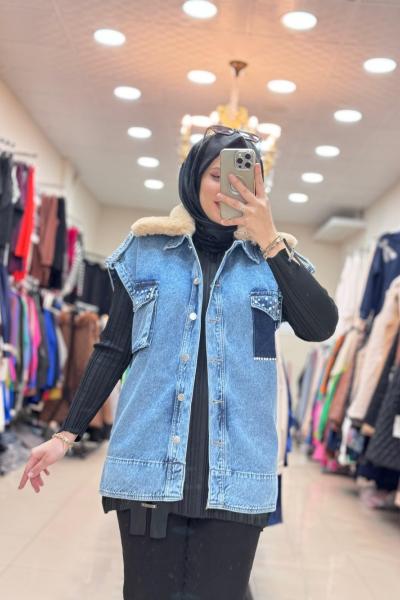 Yaka Kürk Detaylı Kot Yelek KOT MAVİ