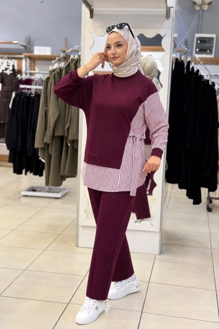 Yandan Bağlamalı Çizgili Takım Bordo