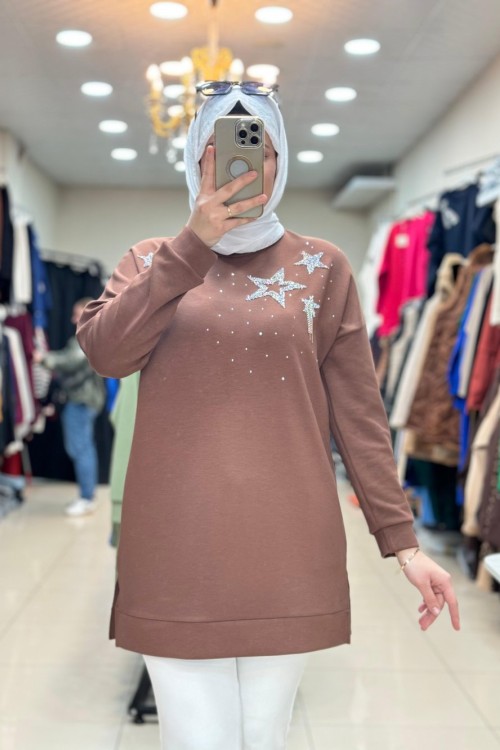 YILDIZ BASKILI TUNİK  Kahverengi