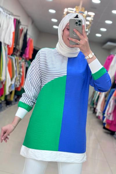 2836 Çizgili Keten Tunik Mavi-Yeşil  Mavi