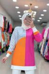 2836 Çizgili Keten Tunik Pembe-Turuncu Pembe