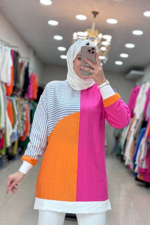2836 Çizgili Keten Tunik Pembe-Turuncu Pembe