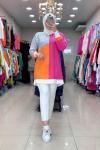 2836 Çizgili Keten Tunik Pembe-Turuncu Pembe