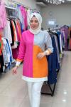 2836 Çizgili Keten Tunik Pembe-Turuncu Pembe