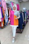 2836 Çizgili Keten Tunik Pembe-Turuncu Pembe
