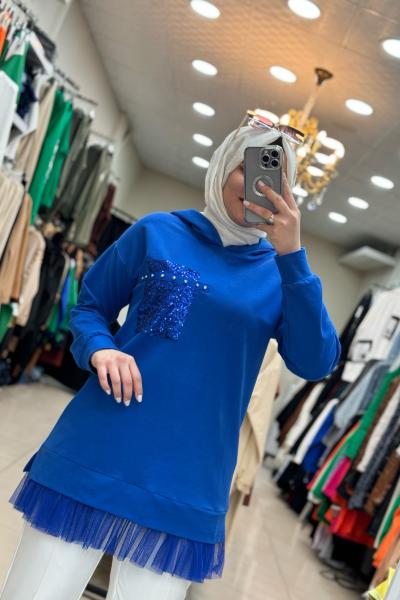 2926 Ucu Tüllü Tunik Saks Penye Saks Mavisi