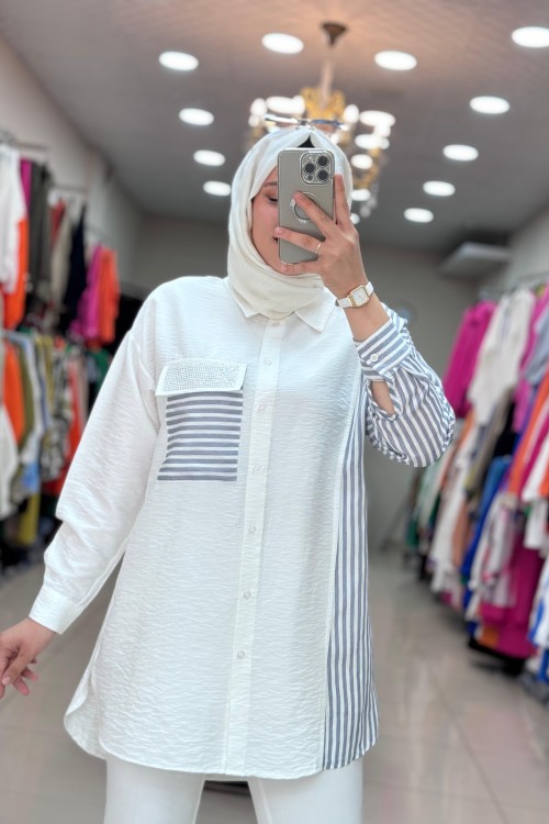 2953 Cep Çizgili Gömlek  Beyaz Beyaz