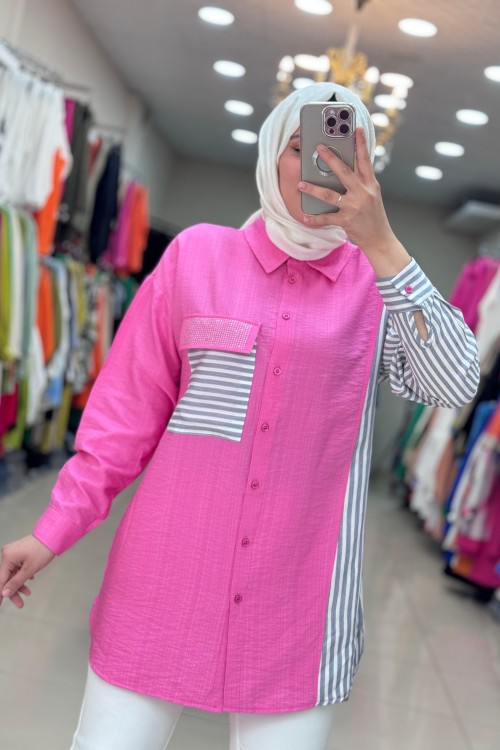 2953 Cep Çizgili Gömlek Pembe