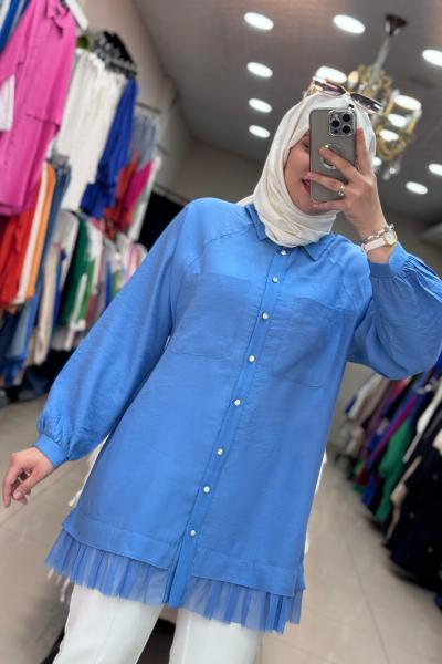 2960 Ucu Tüllü Gömlek Mavi