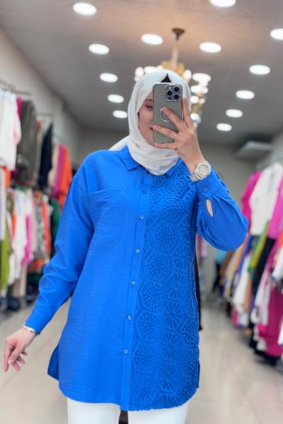 2994 TEK TARAFI DANTEL NAKIŞLI TUNİK  Mavi