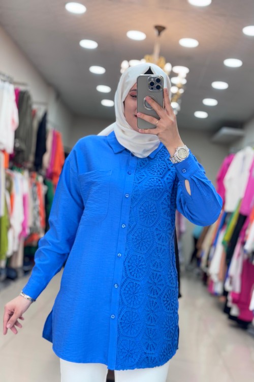 2994 TEK TARAFI DANTEL NAKIŞLI TUNİK  Mavi