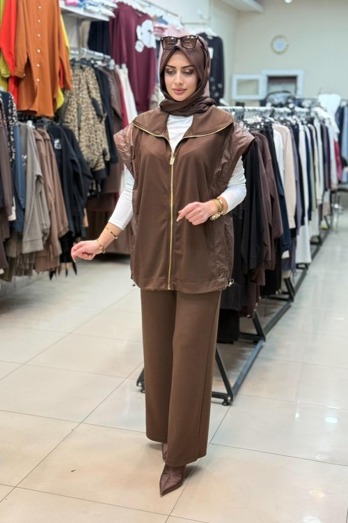 3063 GARNİ YELEKLİ TAKIM Kahverengi