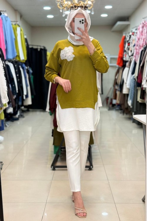 3513 PÜSKÜLLÜ TUNİK Yağ Yeşili