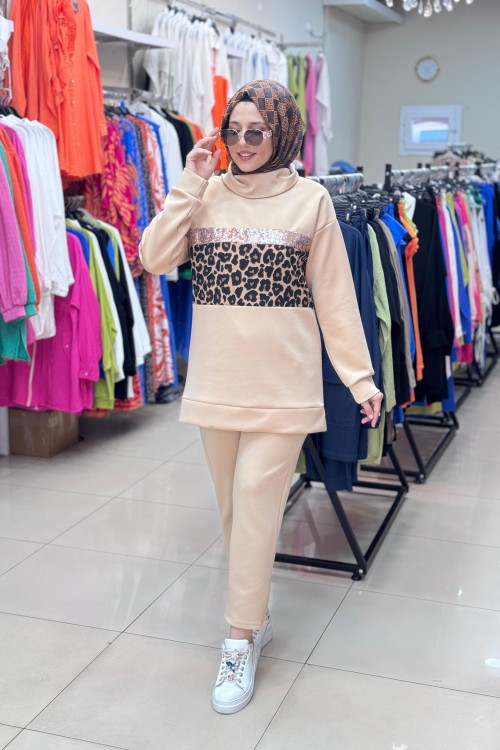 9684 SCUBA LEOPAR DESENLİ TAKIM  Bej