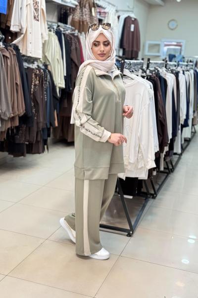 9827 RENKLİ TAŞ DETAYLI TAKIM Çağla yeşil