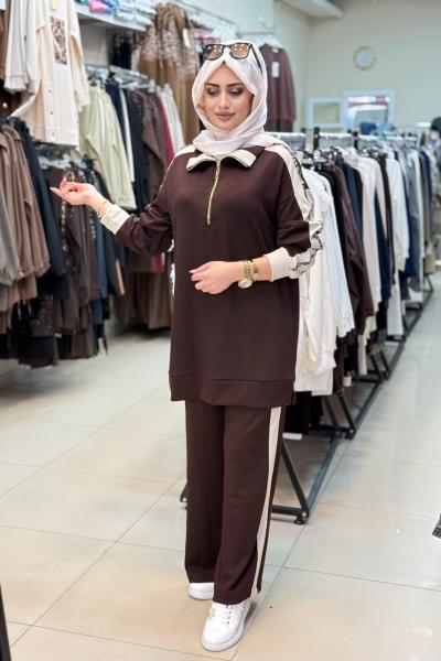 9827 RENKLİ TAŞ DETAYLI TAKIM Kahverengi